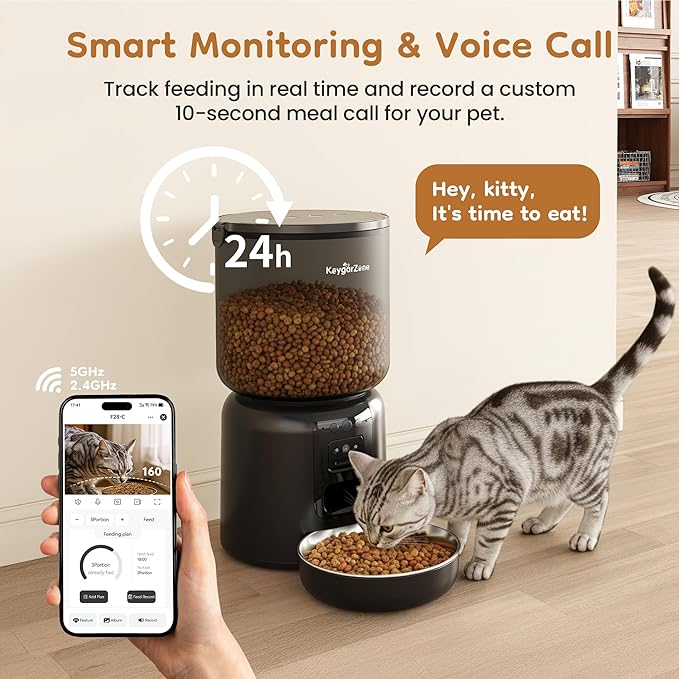 Automatic Cat Feeder, Adjustable 1080p Camera, 5G WiFi & App Control Cat Food Dispenser, Automatic Feeder Cat Dry Food with Dual Power & Voice Recording, Smart Automatic Dog Feeder Portion Control