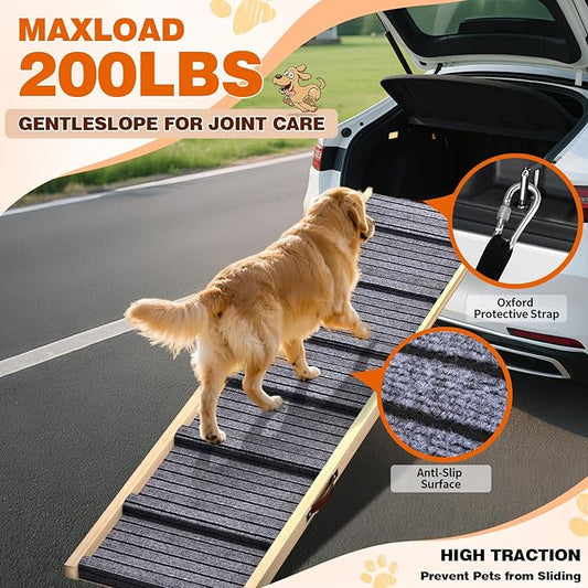 Dog Ramp for Car, 71''x 17'' Extra Long Deluxe Telescoping Design Wooden Pet Ramp, Pet Stair Ramps for Truck SUV with Non-Slip Surface, Portable Outdoor Dog Steps for Medium Large Dogs, Up to 200LBS