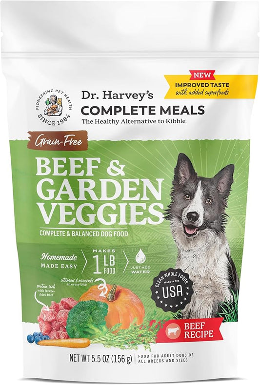 Dr. Harvey's Beef & Garden Veggies Dog Food, Human Grade Grain-Free Dehydrated Food for Dogs with Freeze-Dried Beef, Trial Size (5.5 Oz)