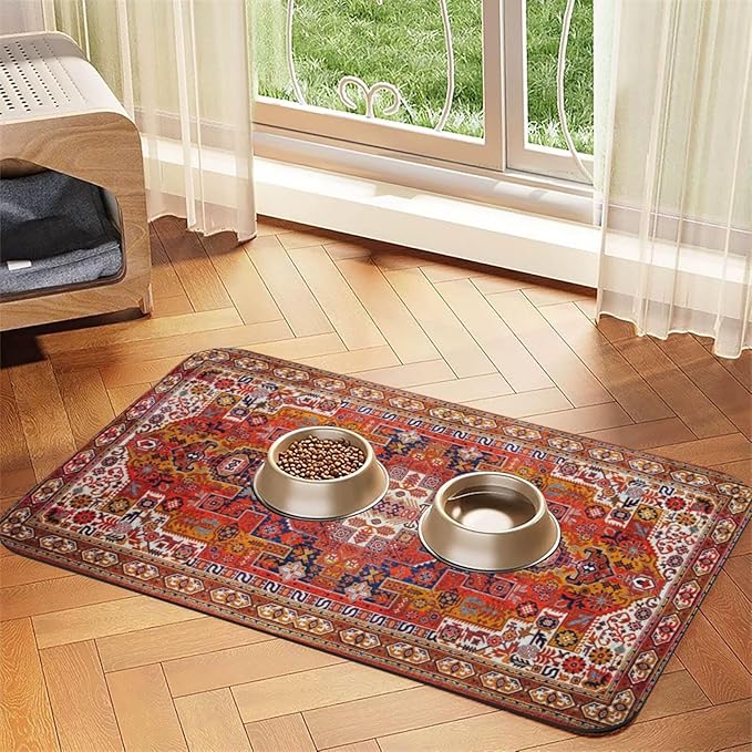 Boho Folk Geometric Ornament Dog Food Mat Absorbent Bowl Mats No Stains Quick Dry Waterproof Pet Cat Placemats for Food and Water, 30x45cm