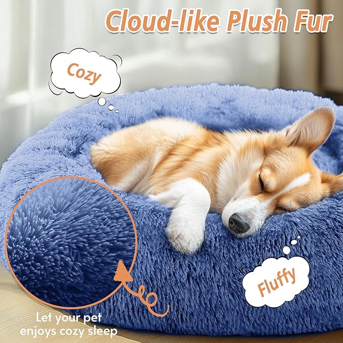 JOLLYVOGUE Small Dog & Cat Beds for Indoor Cats, Donut Cuddler Warming Soft Dog Beds with Anti-Slip Bottom, Round Calming Fluffy Plush Faux Fur Cushion Bed for Medium Dogs (31")