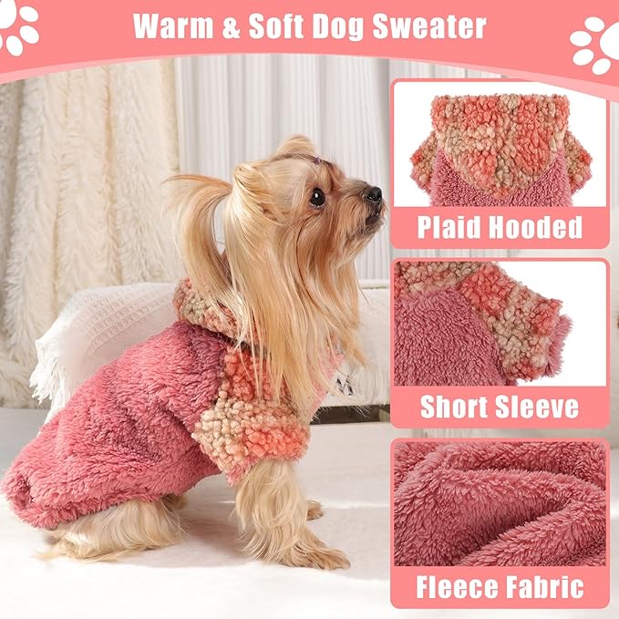 Plaid Dog Hoodie Dog Sweaters for Small Dogs Male Winter Warm Extra Small Puppy Sweater for Chihuahua Teacup Yorkie Soft Fleece Clothes Girl Boy Tiny Outfits Pet Clothing, Red, XXS