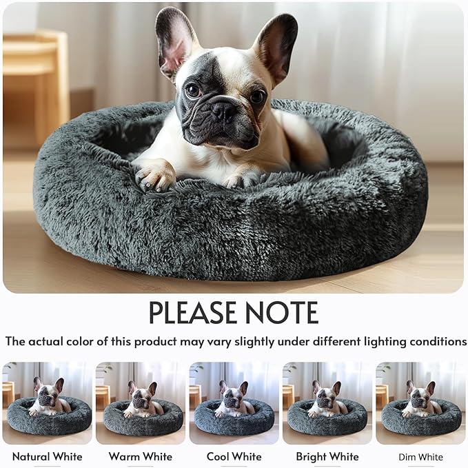 JOLLYVOGUE Small Dog & Cat Beds for Indoor Cats, Donut Cuddler Warming Soft Dog Beds with Anti-Slip Bottom, Round Calming Fluffy Plush Faux Fur Cushion Bed for Large Dogs (36")