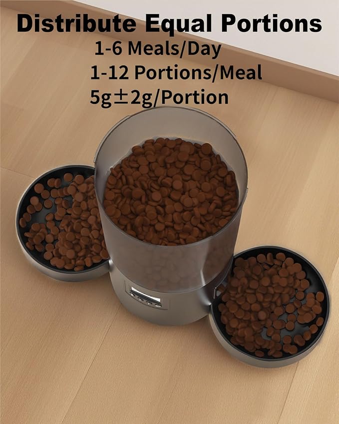 Automatic Cat Feeder for 2 Cats,Dry Food Dispenser with Double Bowls and Clear 4.2L Capacity,Programmable Portion Control,Up to 6 Meals per Day,10-Second Voice Recording,Dual Power-Black