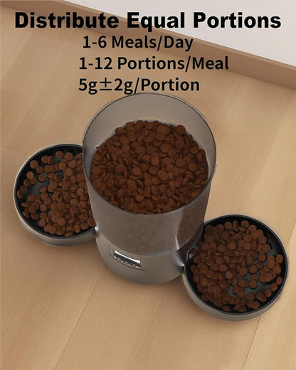 Automatic Cat Feeder for 2 Cats,Dry Food Dispenser with Double Bowls and Clear 4.2L Capacity,Programmable Portion Control,Up to 6 Meals per Day,10-Second Voice Recording,Dual Power-Black