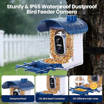 Smart Bird Feeder with Camera Solar Powered : 2K HD Live Video, AI Bi rd Identification ＆ Instant Alerts, 2.4GHz WiFi Solar Camera Bird Feeders for Outdoors - Ideal Gifts for Mom Dad Birdlovers