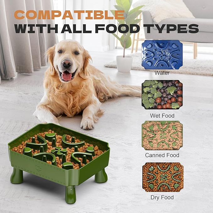 UPSKY Slow Feeder Dog Bowl, 2-in-1 Raised Dog Bowl with Anti-Choking Maze Puzzle, 2-6 Cups Pet Food for Small & Medium Breeds, Interactive Pet Feeder to Slow Eating, Reduce Boredom Deep Green