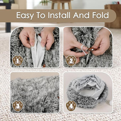 Cat Tunnel Bed for Indoor Cats, Peekaboo Cat Cave with Washable Soft Play Mat, Furry Cat Tube, for Kitten/Puppy/Rabbit, Black