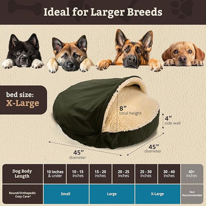 Snoozer Cozy Cave Dog Bed - Indoor Dog Bed with Cover Cave, Covered Calming Burrow for Medium & Large Sized Pets with Blanket Attached, Enclosed, Removable Washable Cover - XL, Olive