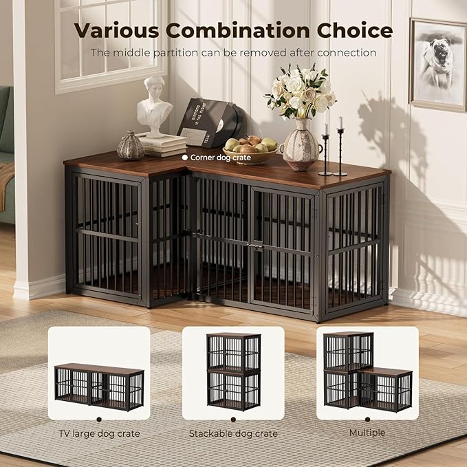 Lyromix 33'' Dog Crate Furniture with 3 Doors,Wooden Crate End Table Heavy Duty Indoor Puppy Cage for Small to Medium Dogs, Multiple Units Can be Combined, Walnut