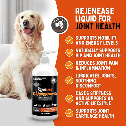 Rejenease Liquid Glucosamine for Dogs with Chondroitin, MSM & Hyaluronic Acid – Finest For Pets Hip & Joint Supplement for Dog Joint Support, Mobility, Stiffness & Pain Relief (32 oz, Made in USA)