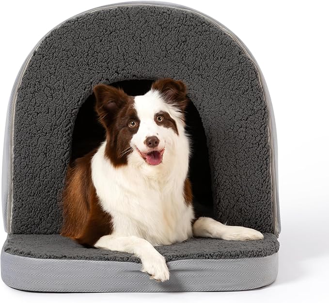 Orthopedic Dog Bed House - Dog House Indoor with Egg-Crate Foam - Tent Bed with Waterproof Lining & Nonskid Bottom, Ideal for Large Breeds & Fits 36-Inch Crate - 35"x22", Charcoal
