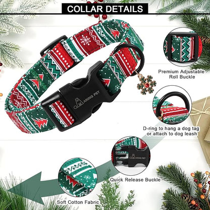 ARING PET Christmas Dog Collar, Cute Red Green Folk Cotton Pet Collars with Quick Release Buckle for Puppy Small Medium Large Boy Girl Dogs-XL