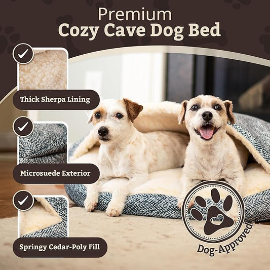 Snoozer Cozy Cave Dog Bed - Indoor Dog Bed with Cover Cave, Covered Calming Burrow for Small Sized Pets with Blanket Attached, Enclosed, Removable Washable Cover - Small, Palmer Indigo