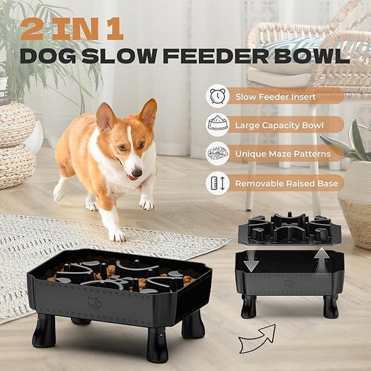 UPSKY Slow Feeder Dog Bowl, 2-in-1 Raised Dog Bowl with Anti-Choking Maze Puzzle, 2-6 Cups Pet Food for Small & Medium Breeds, Interactive Pet Feeder to Slow Eating, Reduce Boredom Black