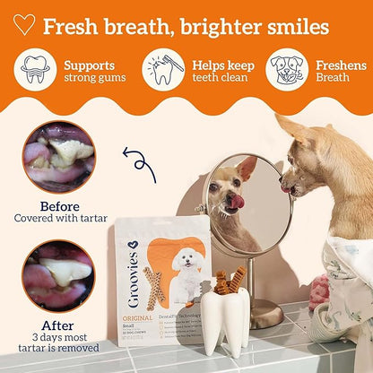 Groovies Flexible, Yet Moderately Tough Daily Dog Dental Chews. Powered by USA-Patented DentalFit Technology. No Added Gluten, No Artificial Flavors or Colors. Original 6oz (Small 22Chews)