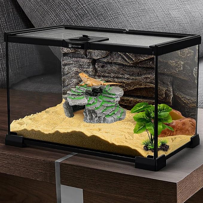 MoonOrange Turtle Basking Platform, Reptile Habitat Hideout, Decorative Resin for Aquarium & Terrarium, Including Artificial Plant and Cleaning Brush.(C-Medium-Black)