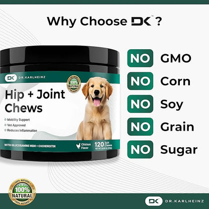 Glucosamine for Dogs - Max Strength Hip and Joint Supplement for Dogs - MSM, Chondroitin, Hemp Oil, Turmeric - Mobility Support and Pain Relief - 120 Chewable Tablets (Chicken Flavor)