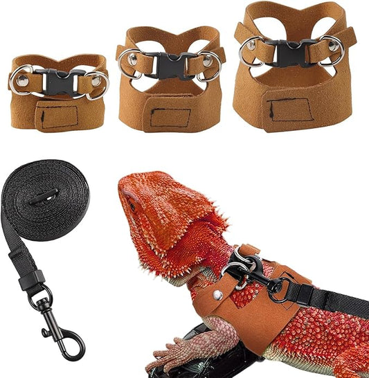 KABASI Bearded Dragon Harness Leash Set, 3 Size Adjustable Lizards Training Walking Leather Vest Escape-Proof Traction Rope for Squirrel and Other Outdoor Small Reptiles (Brown)