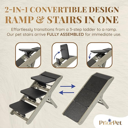 Dog Steps for Bed & Couch 2-in-1 Dog Stairs/Ramp - Height Adjustable Dog Ramp for Couch 7” - 20” - Pet Stairs, Dog Stairs for Small Dogs - Easy to Move Pet Steps with Landing Platform, Gray