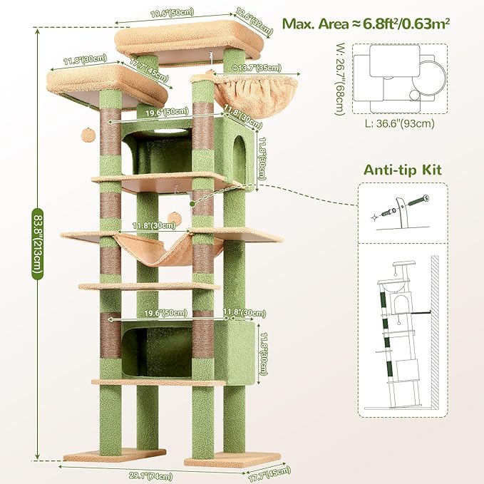 Globlazer XXL Cactus Giant Cat Tree, 83 Inch Heavy Duty Cactus Tall Cat Tower for Indoor Cats Large Adult, Multi-Level Large Cat Condo with 8 Scratching Posts, Hammock, 2 Platform, F83B, Green