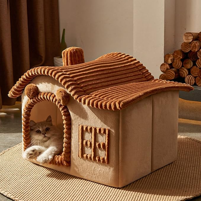 Jiupety Bear Cat Houses for Indoor Cats, Chimney Cute Cat Bed Cave, Enough Interior Space, Cartoon Soft Pet House Up to 3-7 lbs Kitten, Brown