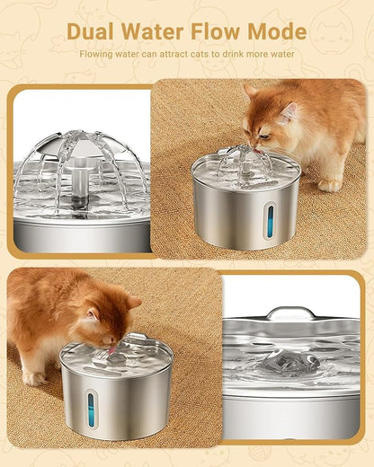 Cat Water Fountain Stainless Steel - 74oz/2.2L Corded Pet Water Dispenser Automatic Silent Cats Dispenser for Drinking Inside Indoor Metal Kitty Spout Fountain with 6 Filters & 6 Sponges