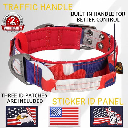 ADITYNA Heavy Duty Dog Collar for Large Dogs - Camo Red Blue Collar with Handle for Training, and Walking - Wide, Thick, Tactical, Soft Neoprene Padded