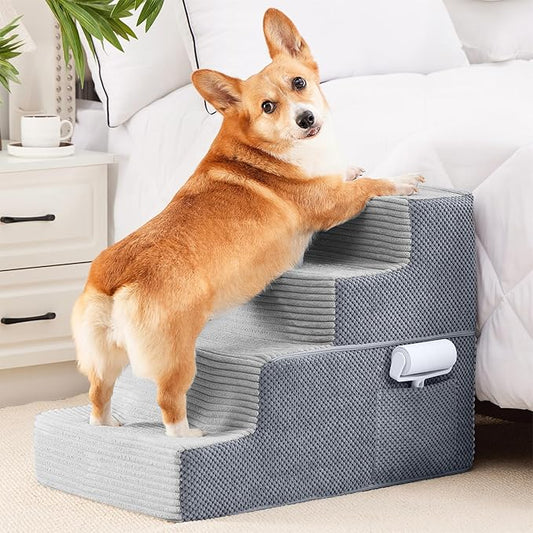 HYLEORY Dog Stairs for Bed 18''H, 4-Step Pet Stairs for Small Dogs Cats, Sturdy Pet Steps with Non-Slip Bottom, Functional Portable Dog Ramp for Couch/Chair/Sofa/Car, Storage Pocket, Light Grey-Grey