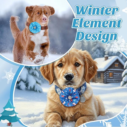 50 Pcs Winter Dog Collar Bows Bulk Blue and White Snowflake Bow Ties Flower Charms Attachment for Small Medium Large Dogs Cats Collar Winter Holiday Costume Accessories
