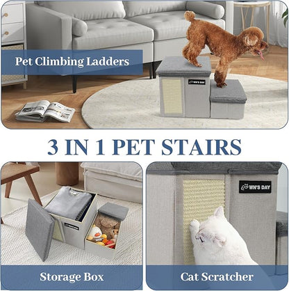 Dog Stairs for Bed Couch Folding with Storage, Dog Stairs for Small Dogs to Get On Bed with Cat Condo, Steps for Large Medium Dogs, Old Cat Pet Stair Steps for High Beds 13" H, Pet Ramp Up to 220LBS