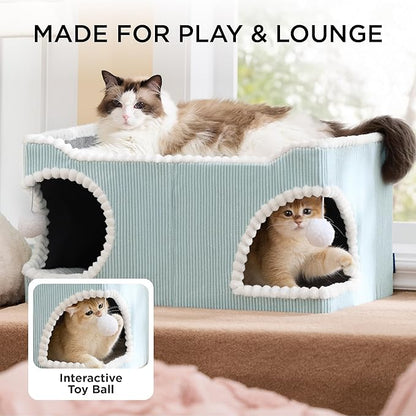 Bedsure Large Cat Beds for Indoor Cats - Extra Wide Cat House with Scratch Removable Top Sisal Pad for Multi Cats, Foldable Cave Hideaway for Entertainment, 23.6x15.9x12.6inches, Blue