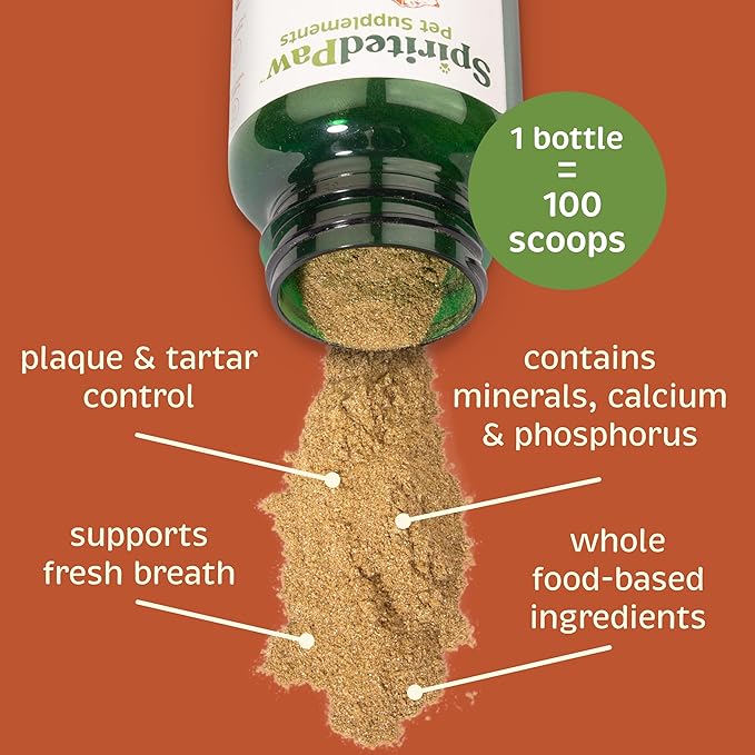 Spirited Paw Dental for Cats & Dogs - Teeth Support Powder for Dogs & Cats - Pet Health Supplements with Calcium & Fresh Breath Support - Dental Care for Plaque & Tartar - 165 g