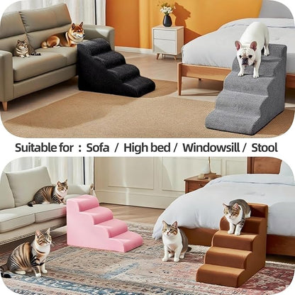 5 Step Pet Stairs Ramp for High Beds Sofas 23-30 Inch with Sturdy Non Slip Waterproof Pads, Machine Washable Cover Indoor Balanced Design for Cats Dogs Small Medium Large XL Pets Grey Large