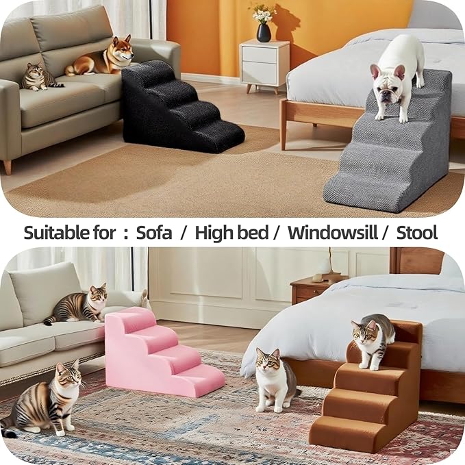 5 Step Pet Stairs Ramp for High Beds Sofas 23-30 Inch with Sturdy Non Slip Waterproof Pads, Machine Washable Cover Indoor Balanced Design for Cats Dogs Small Medium Large XL Pets Pink, Large