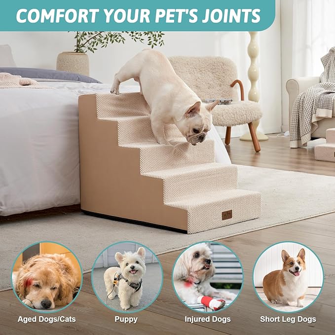 Dog Stairs for Small Dogs, 5 Tier Wider Pet Stairs for High Beds, 23.6" H Non-Slip Dog Steps for Old Cats, Puppies, Small Medium Dogs, 19.7x29.5x23.6 inch, Beige