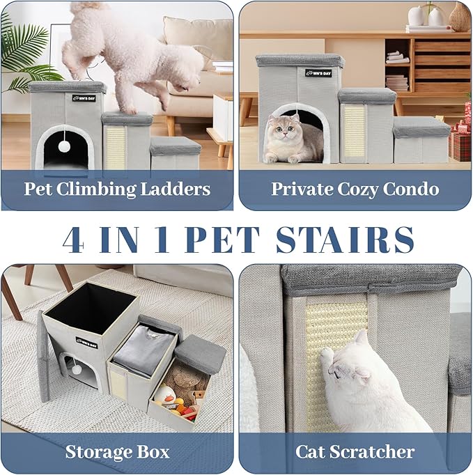 Dog Stairs for Bed Couch Folding with Storage, Dog Stairs for Small Dogs to Get On Bed with Cat Condo, Steps for Large Medium Dogs, Old Cat Pet Stair Steps for High Beds 17.2" H, Pet Ramp Up to 220LBS