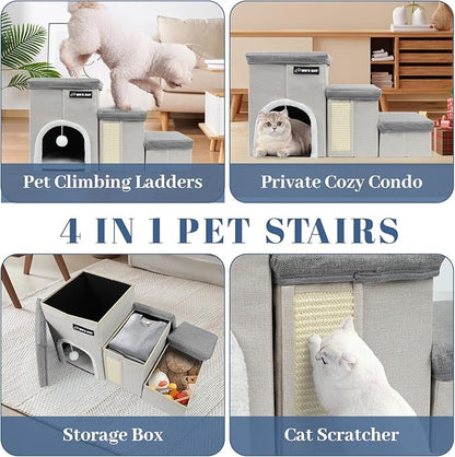Dog Stairs for Bed Couch Folding with Storage, Dog Stairs for Small Dogs to Get On Bed with Cat Condo, Steps for Large Medium Dogs, Old Cat Pet Stair Steps for High Beds 17.2" H, Pet Ramp Up to 220LBS