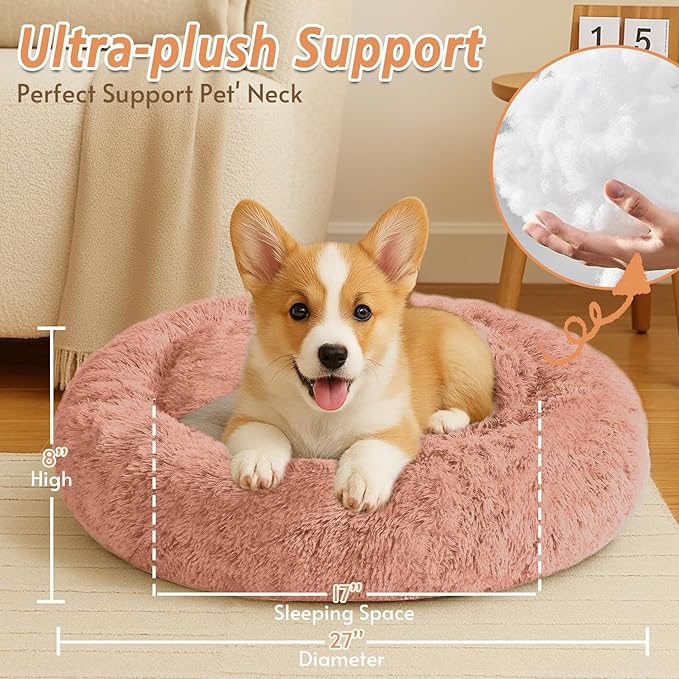 JOLLYVOGUE Small Dog & Cat Beds for Indoor Cats, Donut Cuddler Warming Soft Dog Beds with Anti-Slip Bottom, Round Calming Fluffy Plush Faux Fur Cushion Bed for Medium Dogs (27", Peach Pink)