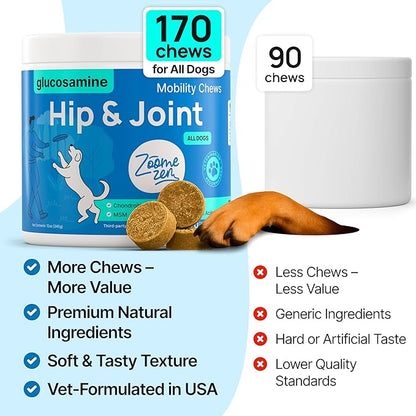 Hip and Joint Supplement for Dogs – Glucosamine for Dogs, Dog Joint Supplement, Mobility, Flexibility & Comfort, Chews with Glucosamine Chondroitin Msm & Omega3, 1 Pack,170 Chews,Made in USA