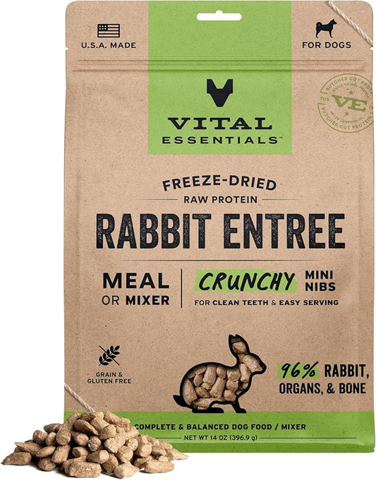 Vital Essentials Freeze-Dried Raw Rabbit Crunchy Mini Nibs | Complete Meal or Mixer Dog Food | 14 oz