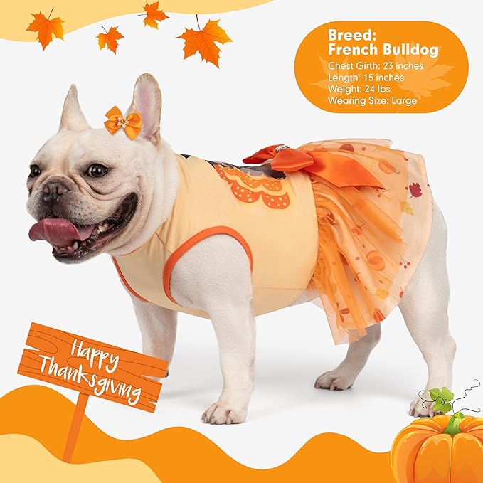 cyeollo Thanksgiving Day Dog Dress Turkey Small Dog Clothes Tulle Holiday Outfit Pet Dresses for Medium Large Dogs Girl, Size 2XL