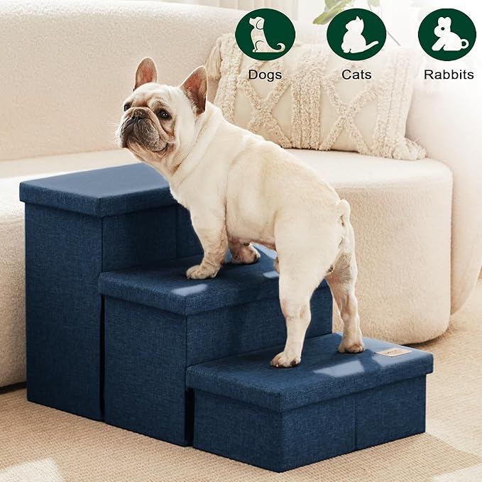 Love's cabin Dog Stairs with Storage,3 Steps Wider Dog Steps for High Bed 18" H,Foldable Pet Stairs for Small Medium Large Dogs Cats for Bed Couch Car, Ramp with Zip up to 200 lbs,Navy Blue, No Condo
