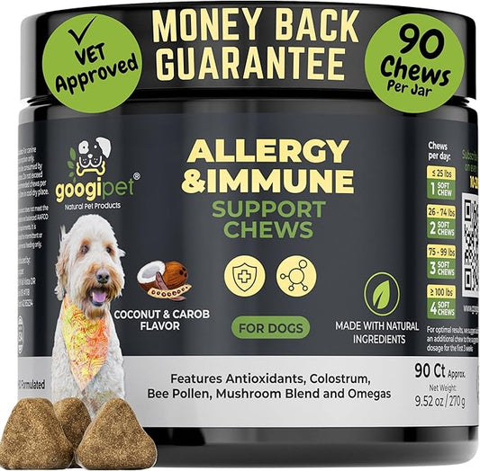 Googipet Dog Allergy Chews, Seasonal Dog Allergy Relief & Itchy Skin Relief, Skin & Coat Supplement +Bee Pollen, Colostrum, Coconut Oil, Probiotics, & Omega 3 Fish Oil for Dogs