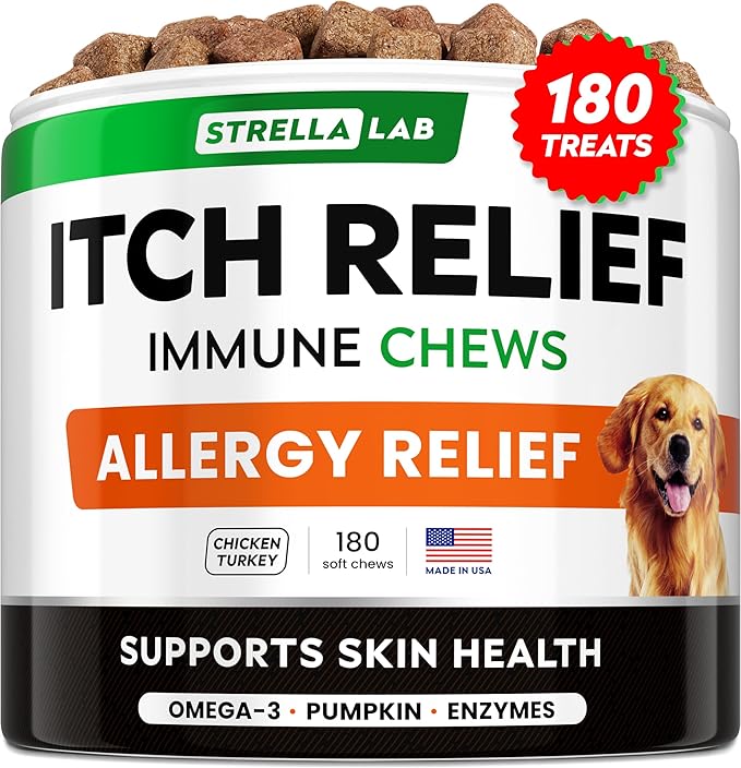 StrellaLab Dog Allergy Relief & Anti Itch Support Chews w/Omega 3, Pumpkin, Enzymes & Turmeric: Real Ingredients, Real Taste! Skin & Coat Immune Supplement w/Fish Oil - Made in USA - 180Ct - Chicken