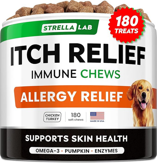 StrellaLab Dog Allergy Relief & Anti Itch Support Chews w/Omega 3, Pumpkin, Enzymes & Turmeric: Real Ingredients, Real Taste! Skin & Coat Immune Supplement w/Fish Oil - Made in USA - 180Ct - Chicken