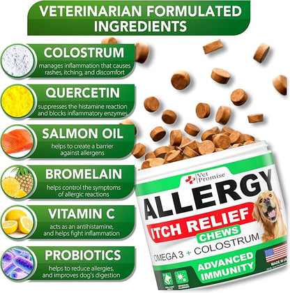 Dog Allergy Relief Chews - 170 Dog Allergy Chews - Itch Relief for Dogs - Anti Itch for Dogs - Dry & Itchy Skin - Allergies & Immune Support Supplement, Omega 3 Fish Oil, Colostrum - Made in USA