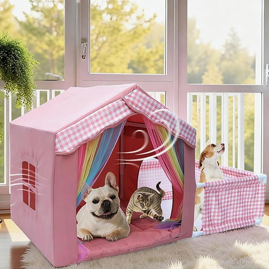 Dog House Indoor with Frame for Small to Medium Dogs, LitaiL Cute Dog Tent Bed with Play Area, Breathable, Washable, Cute Princess Dog Cat House with Soft Plush Cushion, 44" L x 26.8" W x 25" H, Pink