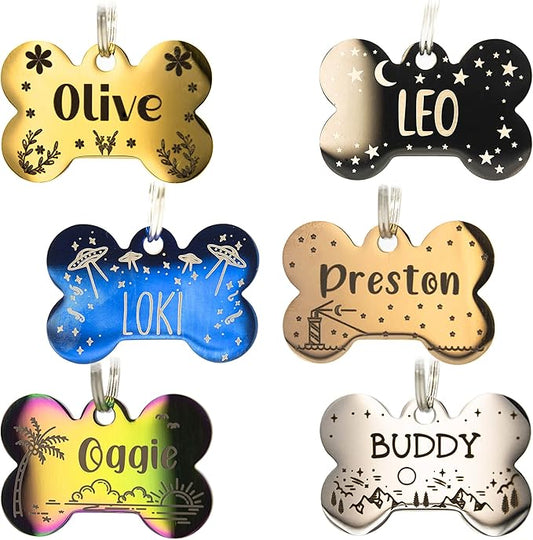 Personalized Dog Tag with 5 Lines of Custom Deep Engraved Durable Stainless Steel Pet ID Name Tag Designer Regular Size Bone