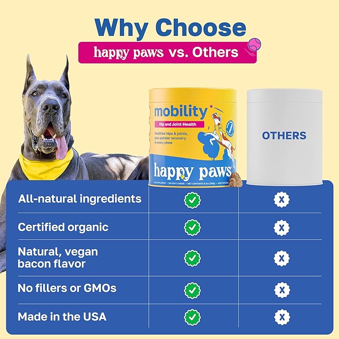 Happy Paws Hip & Joint Supplement for Dogs, Joint Health & Mobility Support for All Breeds & Ages, Made with Hyaluronic Acid & Turmeric, Vegan Bacon Flavor, Organic, Non GMO, 200 Soft Chews